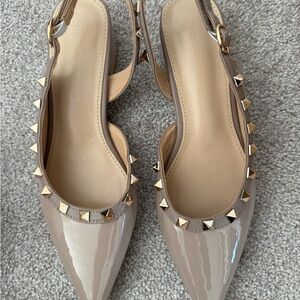 Beige Patent Leather Slingback Block Flats